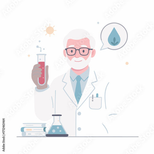 Smiling senior male scientist in lab coat holding a red liquid test tube with a water drop and leaf thought bubble.