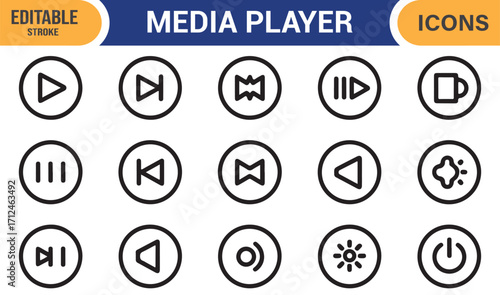 Vector line icons of media functions for video editing, playback, and streaming