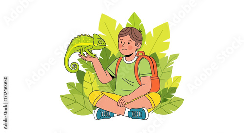 Boy Admiring Chameleon Sat Amongst Foliage: Wildlife Appreciation And Nature