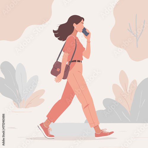 Stylish Woman Walking Outdoors with Phone and Drink.