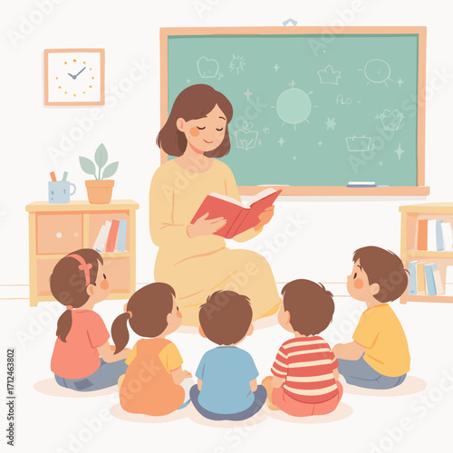 Teacher reading a book to attentive young children in a classroom.