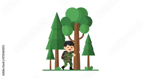 Child In Camouflage Outfit Hiding Behind Tree In A Green Forest Illustration