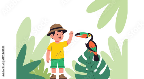 Boy And Toucan: Adventure In Jungle, Colorful Illustration For Education And Design
