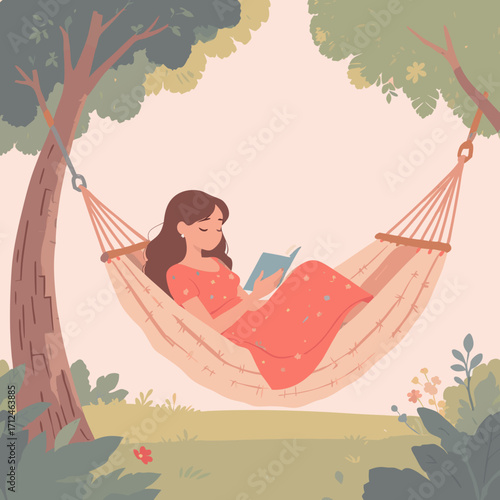 Woman in Coral Dress Relaxing in Hammock Reading Book.