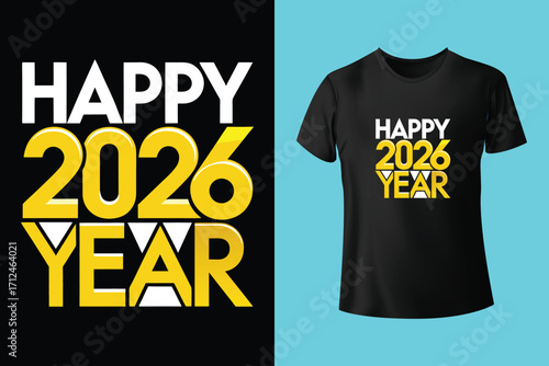 Adobe Illustrator Artwork 2026 Happy new year typographic design with festive fireworks and t shirt mockup