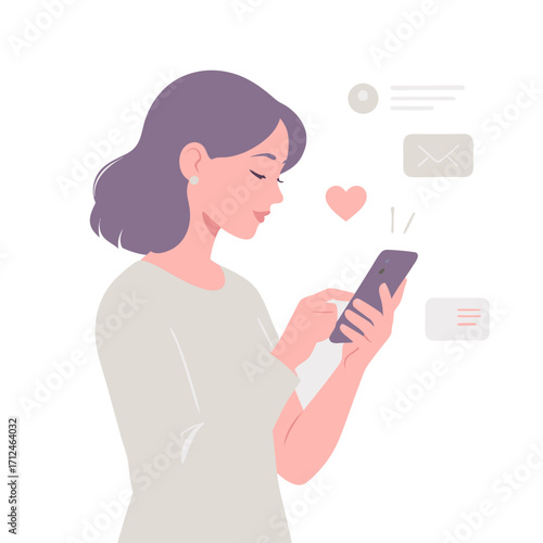 Woman with purple hair using a smartphone receiving notifications.