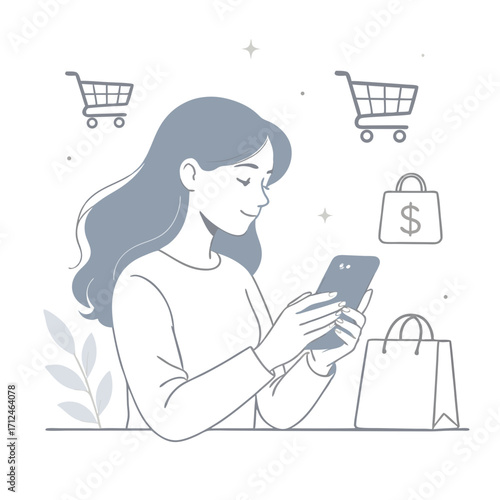 Woman with Long Hair Smiling While Online Shopping on Smartphone.