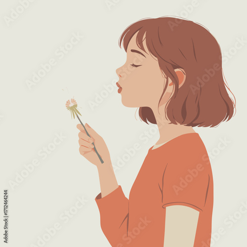 Young Woman Blowing Dandelion Seeds Side Profile Orange Shirt.