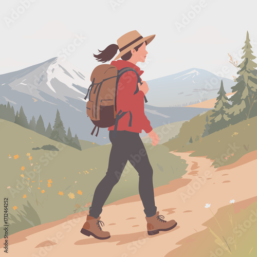 Young woman hiker with ponytail wearing a straw hat red jacket and dark pants carrying a brown backpack walking forward.