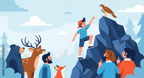 Boy Ascending Mountain With An Eagle And Others Observing The Scene Illustration