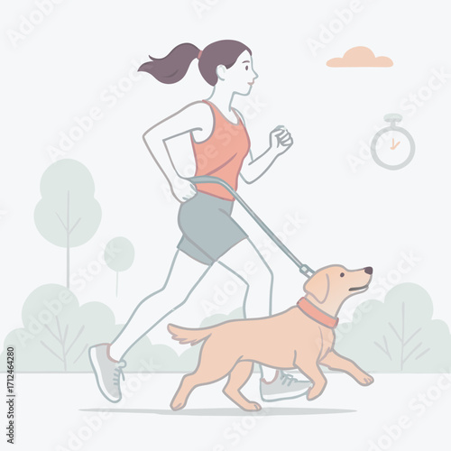 Young woman with ponytail jogging alongside her lightcolored dog on a leash active outdoor illustration.