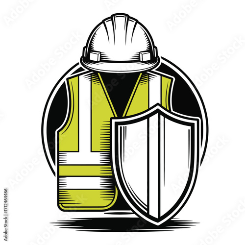 Black and white vector illustration of safety vest helmet and shield inside circular frame in minimalist line art style on white background