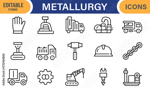 Vector icons of metallurgy and mining equipment in editable stroke style