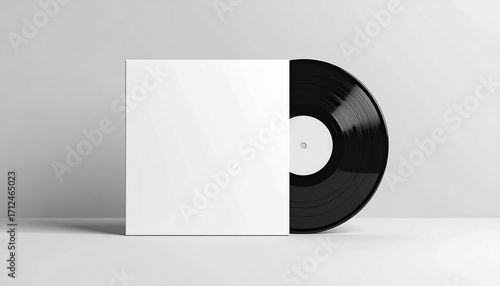 Blank white record sleeve with a vinyl record on a plain background - mockup