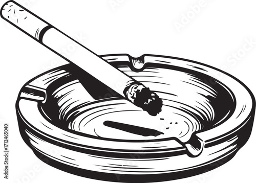 Cigarette with Ash Tray for Smoking Tobacco Vector Illustration, Sketch Drawing Line Linear Symbol Icon Engraving, Hand-drawn Doodle Black and White Isolated
