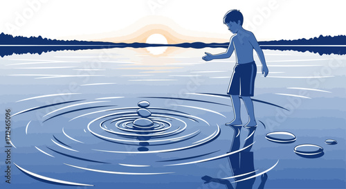 Boy Balancing Stones Amid Tranquil Waters Reflecting Serene Sunset Silhouette