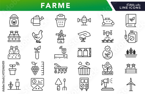 Farme linear icon set. Crops, farmer, tractor, agriculture, harvest, barn, livestock, rural, planting, irrigation, tools, eco, vector outline icon set. UI thin line icon pack