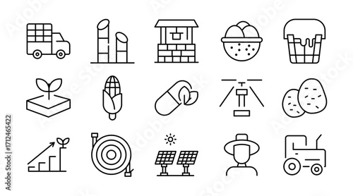 Crops and farming linear icon set. Agriculture, tractor, farmer, barn, harvest, livestock, eco, rural, planting, irrigation, tools, vector outline UI icon pack.