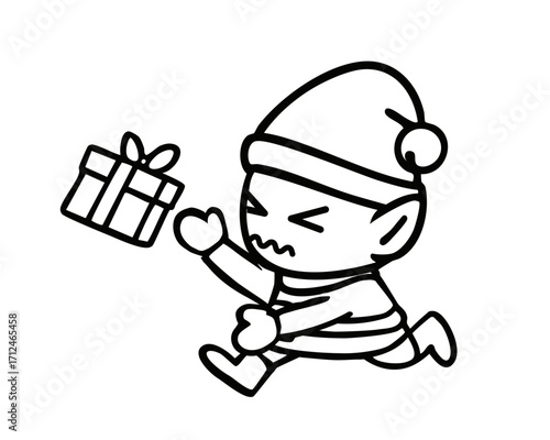 ギフトを運ぶクリスマスエルフのモノクロイラスト ベクター
