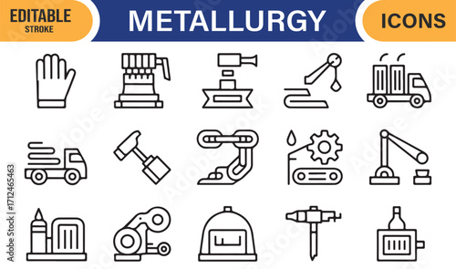 Editable metallurgy icon set with safety gloves, helmets, and protective gear