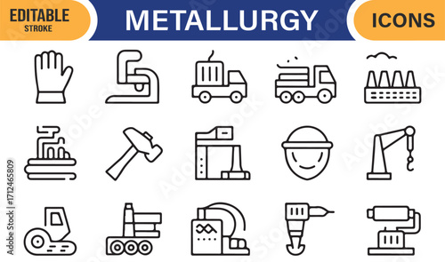 Metallurgy vector line icons featuring construction vehicles and heavy equipment