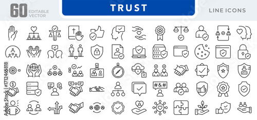 Trust linear icon set. Reliability, security, handshake, cyberscope, confidence, integrity, partnership, loyalty, agreement, assurance, safety, vector outline icon set. Editable stroke