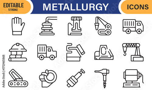 Editable stroke industry icon set including mining, steel production, and tools