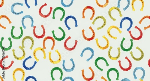 A Charming Assortment of Vibrant Colorful Horse Shoes Scattered Across a White Background