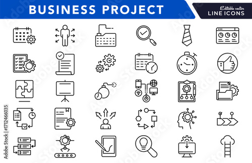 Business project and planning linear icon set. Strategy, teamwork, goals, timeline, collaboration, tasks, milestones, management, progress, company, vector outline icon set. Editable stroke