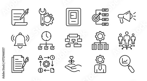 Business project and planning linear icon set. Strategy, teamwork, goals, timeline, collaboration, tasks, milestones, management, progress, company, vector outline icon set. UI thin line icon pack