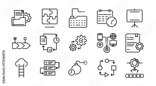 Strategy and business project linear icon set. Planning, teamwork, management, collaboration, timeline, milestones, goals, progress, tasks, company, vector thin line UI icon pack.
