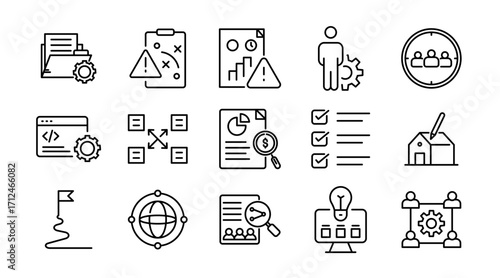 Business project linear icon set. Planning, strategy, teamwork, goals, timeline, company, management, collaboration, tasks, milestones, progress, vector outline icon pack