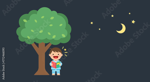 Child Joyfully Reads Under a Tree During the Peaceful Nighttime Hours of Magical Stars