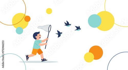 Boy Chasing Birds With Net, Playful Child, Nature Illustration, Vibrant Colors And Joyful Activity