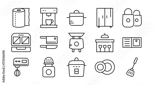 Kitchen linear icon set. Cooking, utensils, appliances, stove, cookware, food preparation, chef tools, dining, ingredients, culinary, outline icon set