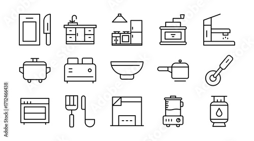 Cooking linear icon set. Kitchen, utensils, stove, dining, cookware, appliances, food preparation, ingredients, chef tools, culinary, meal, vector thin line UI icon pack.