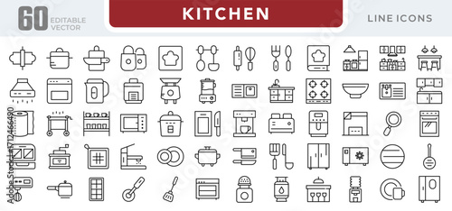 Kitchen linear icon set. Cooking, utensils, appliances, stove, cookware, food preparation, chef tools, dining, ingredients, culinary, outline icon set. Editable stroke