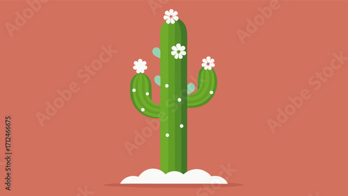 A lone towering saguaro cactus reaches for the sky its top adorned with delicate white blossoms.