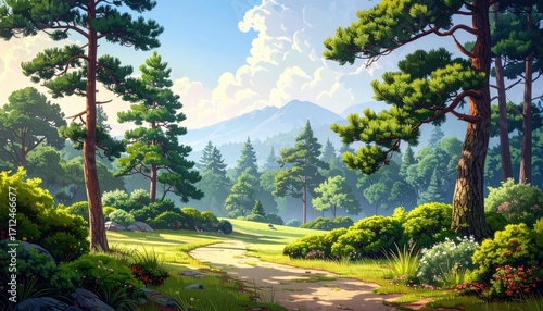 Lush Green Forest Landscape with Pine Trees and Distant Mountains Under a Sunny Sky in Pixelated Art Style