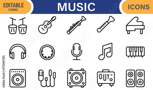 Outline icon pack for music design with instruments, speakers, and audio gear