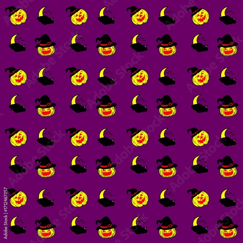 seamless pattern with funny monsters, Seamless Halloween pattern featuring jack-o'-lantern faces with witch hats, crescent moons, and bats