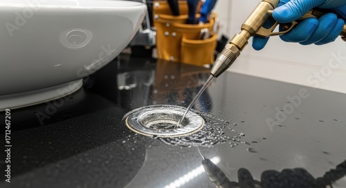 Plumber Using Drain Cleaning Jetter Tool to Unclog Sink Drain