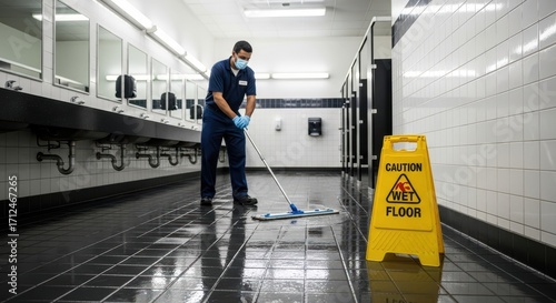 Janitor Cleans Wet Floor in Public Restroom with Mop and Wet Floor Sign