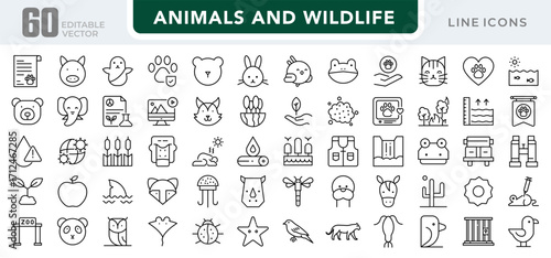 Animals and wildlife linear icon set. Mammals, birds, insects, forest, safari, nature, pets, endangered species, ecosystem, fauna, vector outline icon set. Editable stroke
