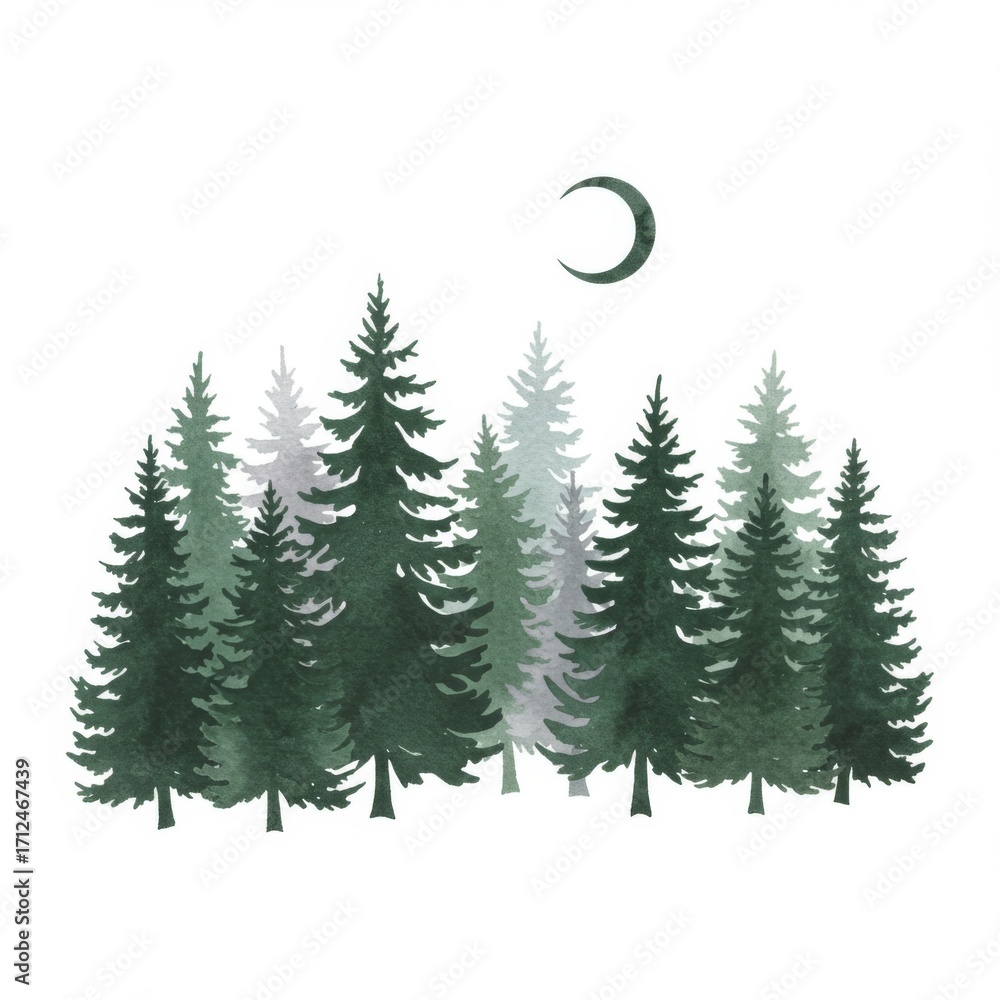 Obraz premium Watercolor Forest of Evergreen Trees with a Crescent Moon on White Background