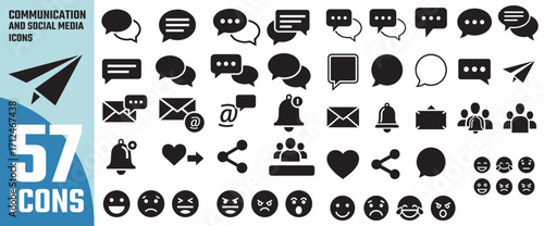 Collection of 57 communication and social media icons representing chat bubbles messages email notifications and social connections