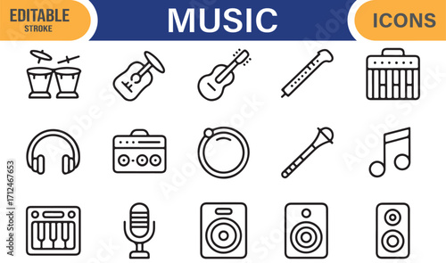 Editable stroke music icon set with microphone, headphones, and speaker symbols