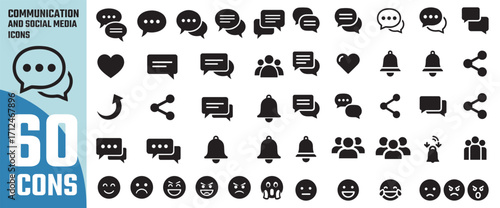 Collection of 60 black and white communication and social media icons representing messages speech bubbles and user profiles