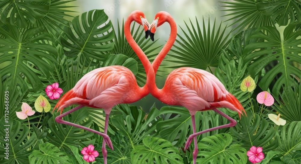 Fototapeta premium Enchanting Tropical Love Story of Two Flamingos Embracing in Heart Shape