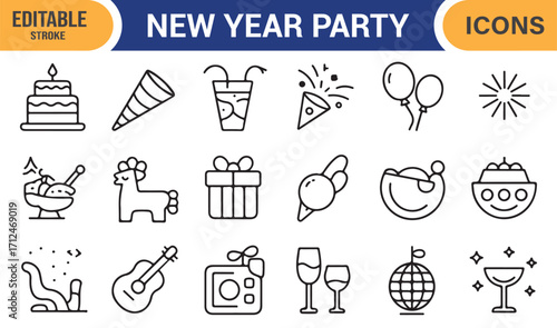 Celebration outline icons with cake, gifts, drinks, disco ball, and decorations